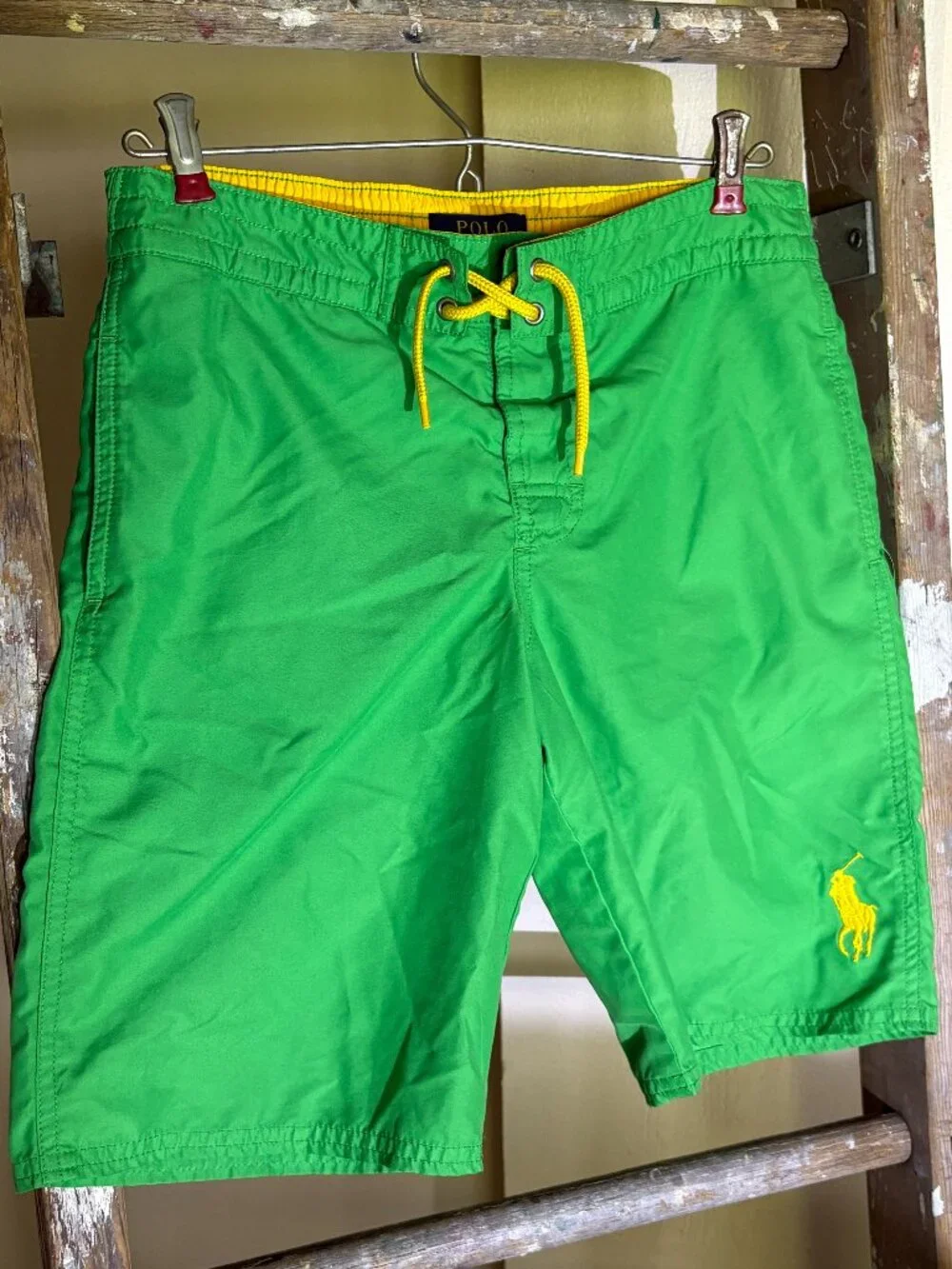 Polo Ralph Lauren Boys M (10-12) Traveler Swim Trunks Green Yellow Pony